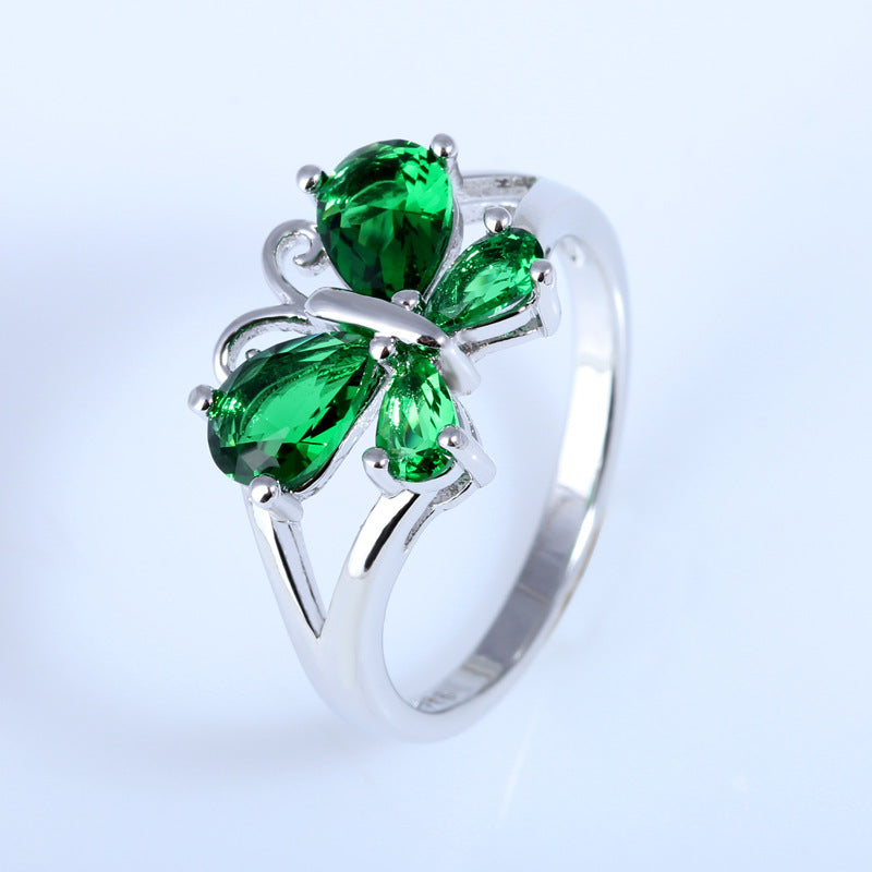 Green Butterfly Silver Branch Ring