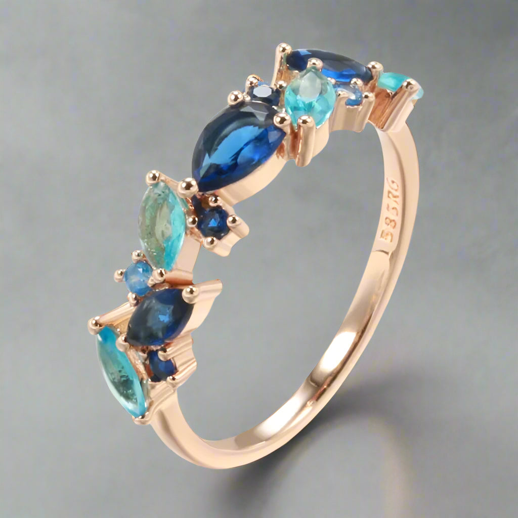 Blue & Green Floral Gold Ring