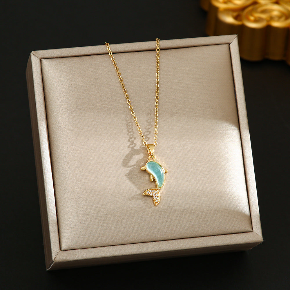 Golden Dolphin Blue Opal Necklace