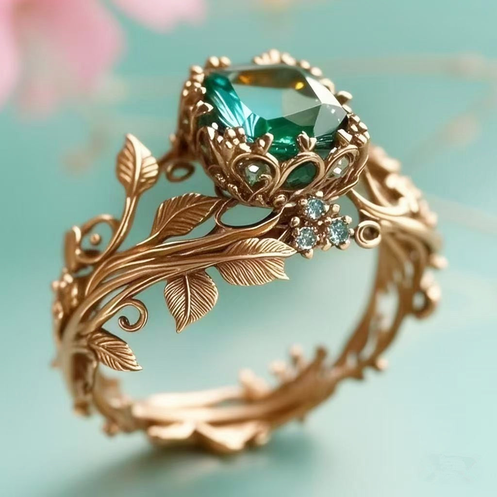 Green Crystal Gold Leaf Ring