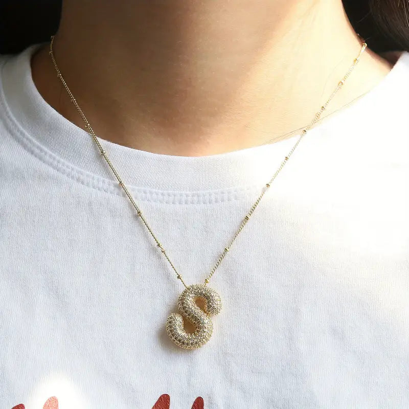 Bubble letter initial necklace set Gold