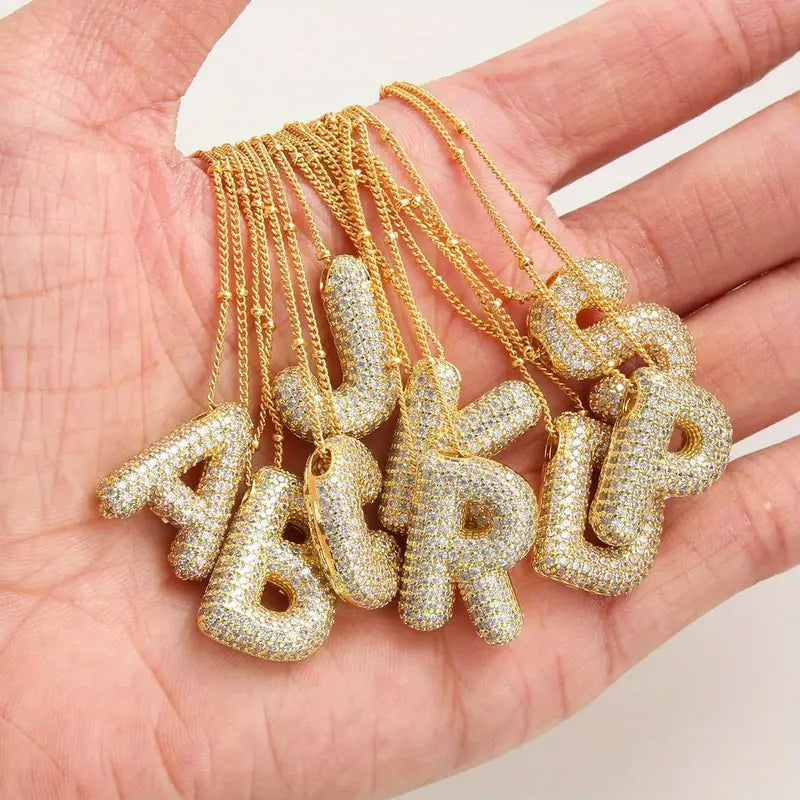 Bubble letter initial necklace set Gold