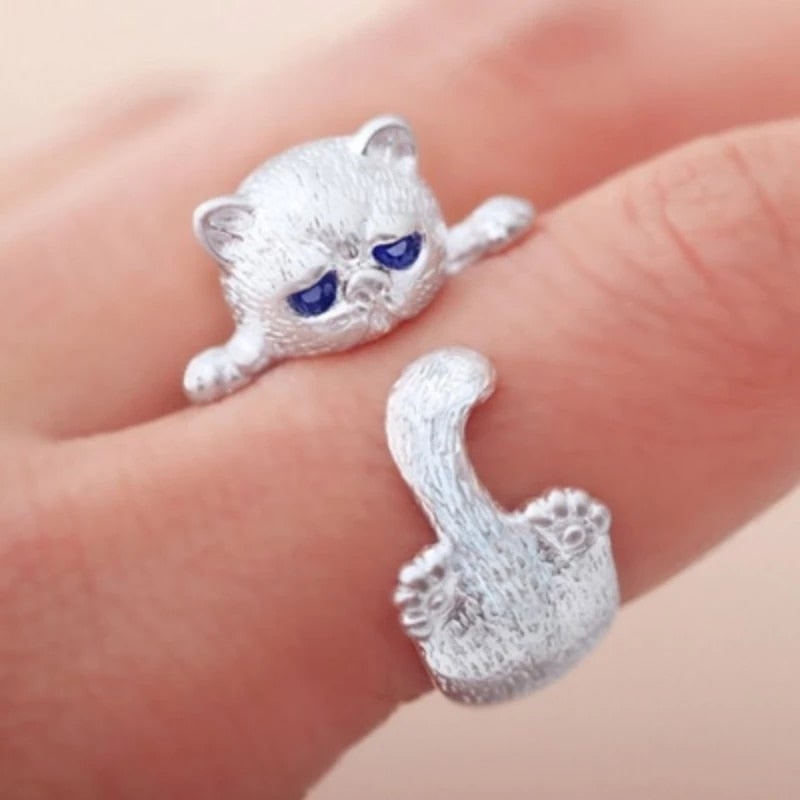 Adjustable 925 Sterling Silver Kitten Ring 0