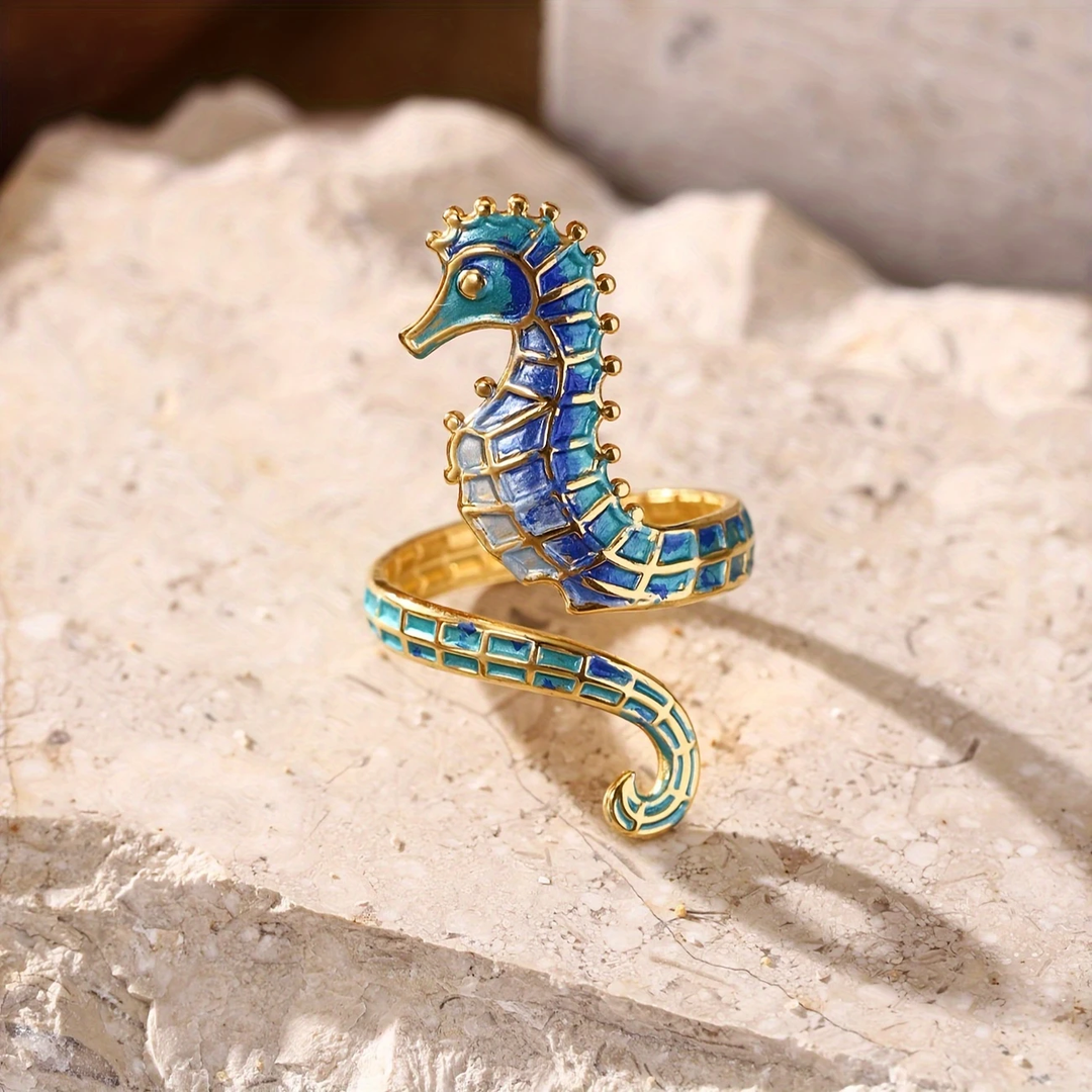 Adjustable Blue Seahorse Gold Ring 0