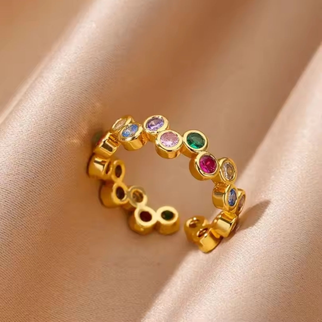 Adjustable Colorful Crystals Gold Ring 0