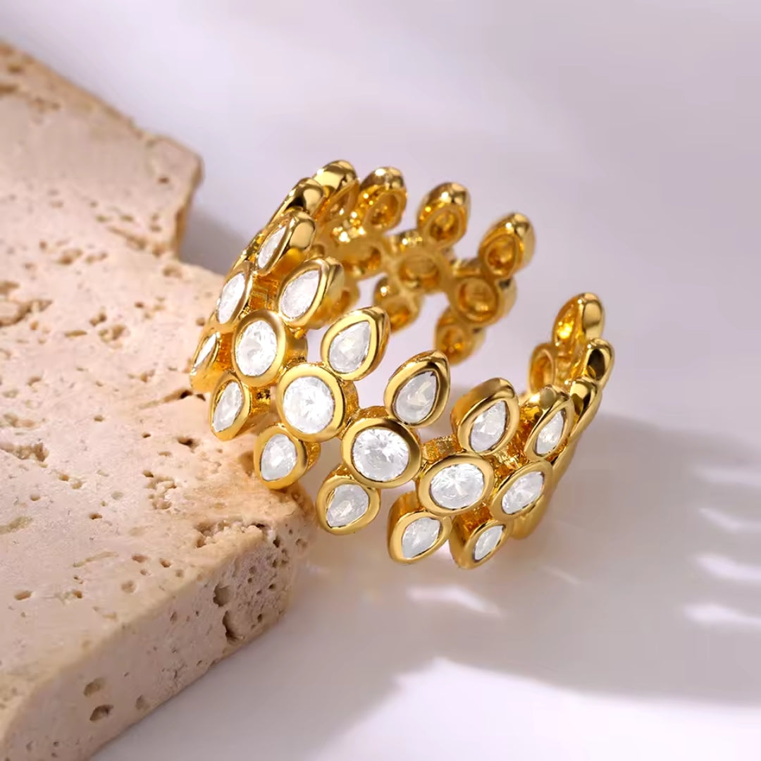 Adjustable Gold Ring with White Stones for Women - Elegant and Versatile Jewelry 0