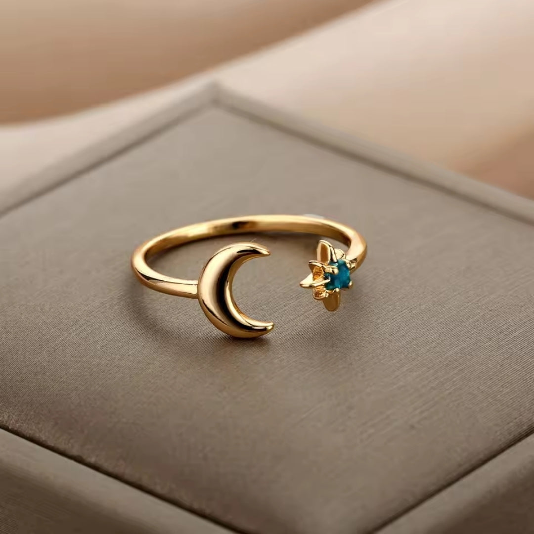 Adjustable Green Crystal Moon Ring - Handmade Jewelry 0
