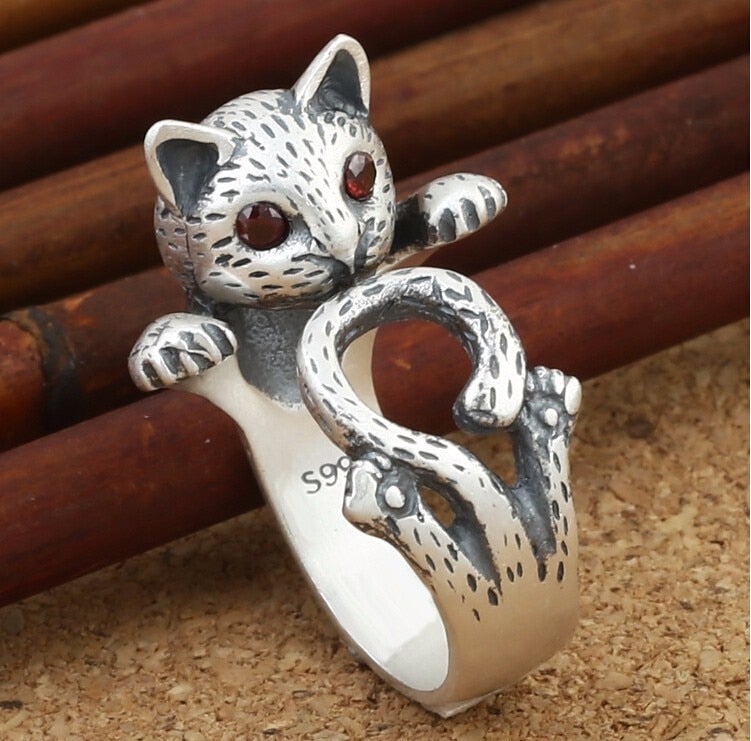 Adjustable Hand Painted Cat Ring in 925 Sterling Silver 0