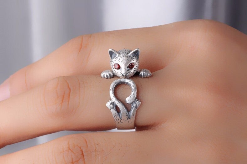 Adjustable Hand Painted Cat Ring in 925 Sterling Silver 1