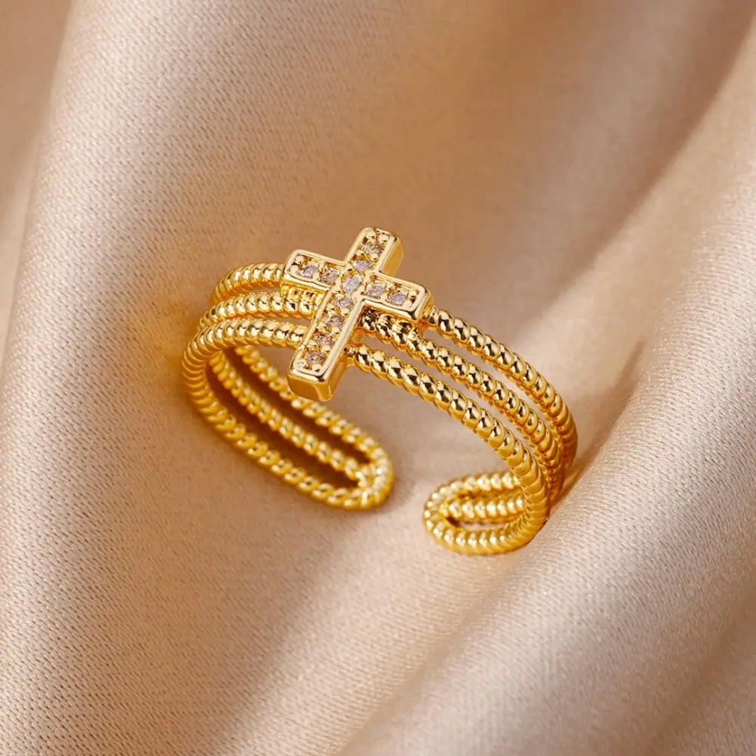 Adjustable Layered Golden Beads Cross Ring 0