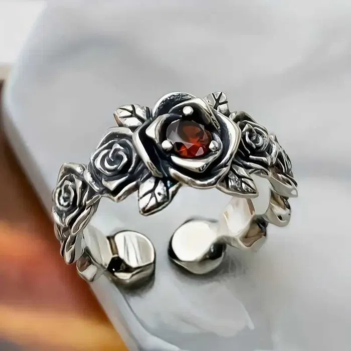 Adjustable Orange Crystal Silver Flower Ring - Handmade Elegant Jewelry 0