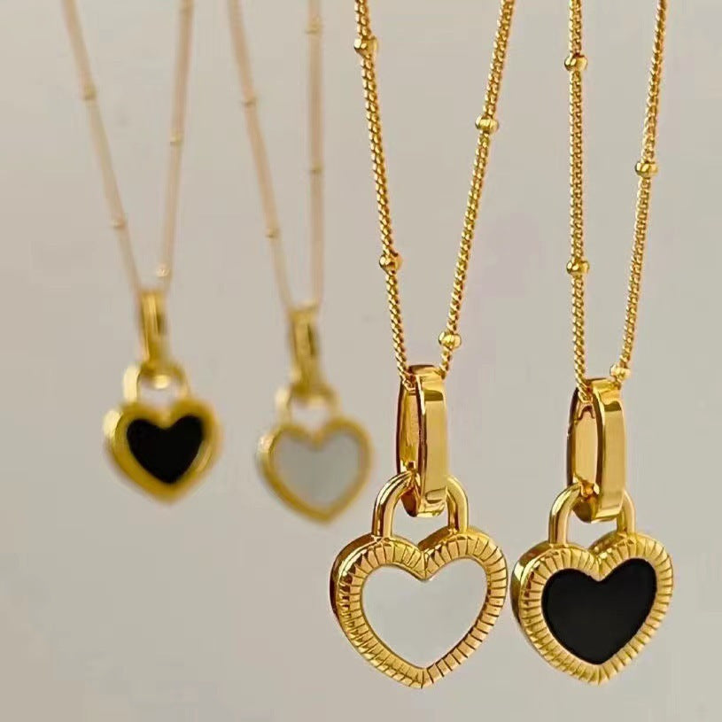 Black and White Heart Pendant Necklace in Gold - Handmade Jewelry 0