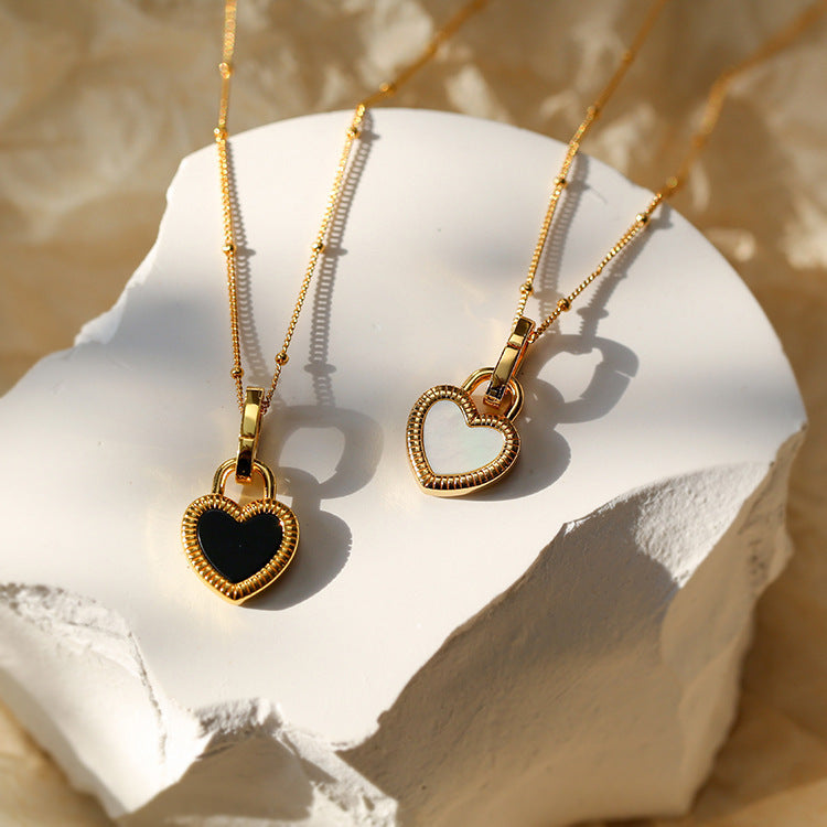 Black and White Heart Pendant Necklace in Gold - Handmade Jewelry 1