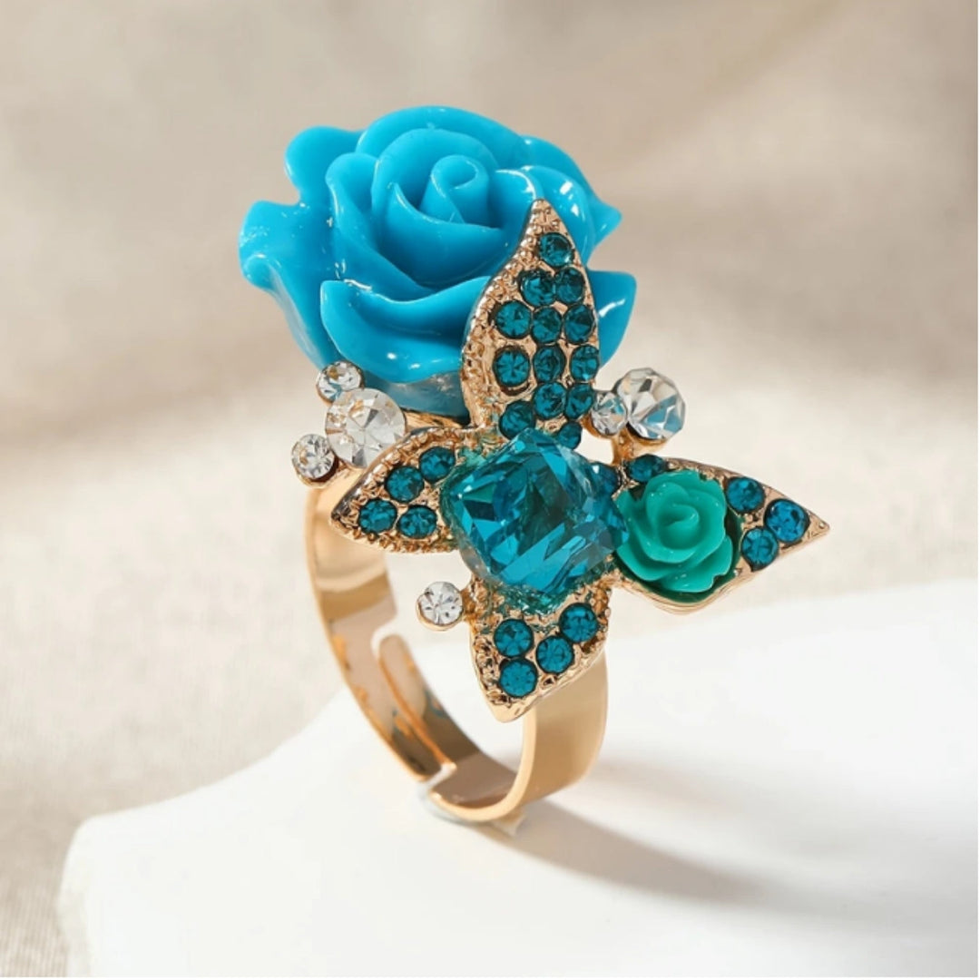 Blue Bright Butterfly Flower Gold Ring 0