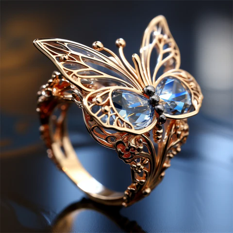 Blue Crystal Golden Butterfly Ring 0