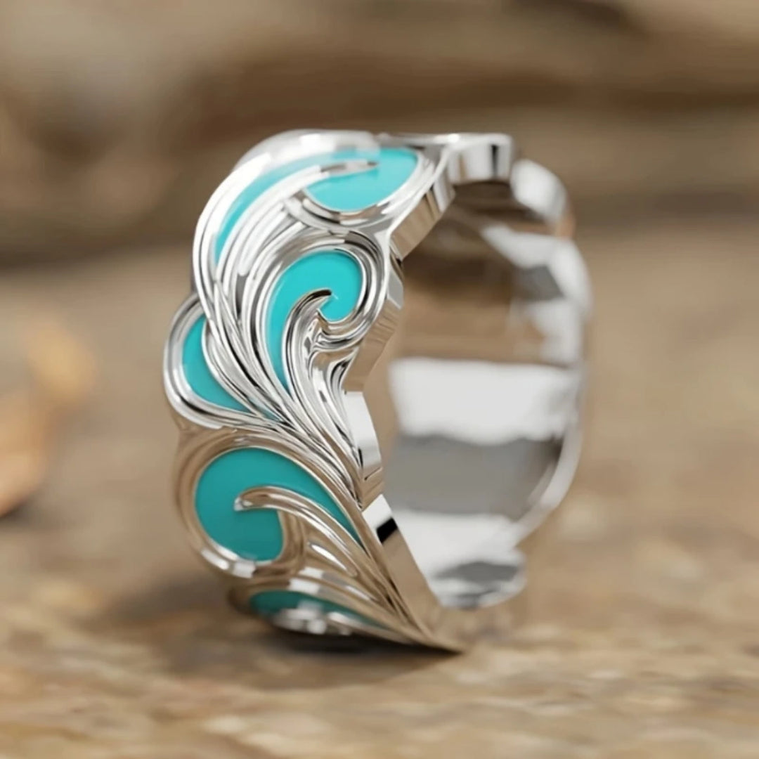 Blue Enamel Wave Sterling Silver Ring for Women - Elegant and Handcrafted 0