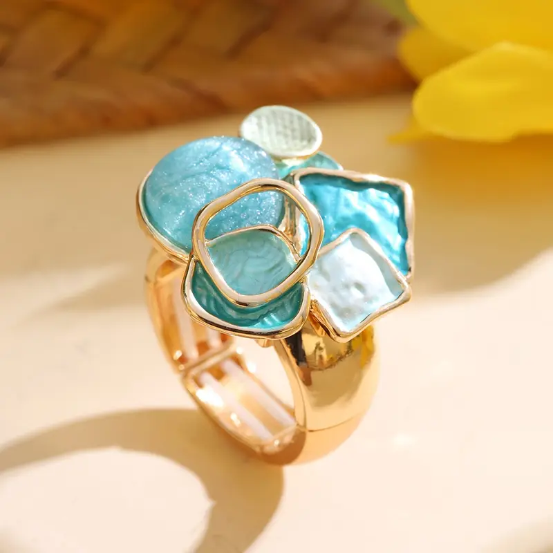 Blue Handpainted Gold Ring for Women - Unique Handcrafted Design 0