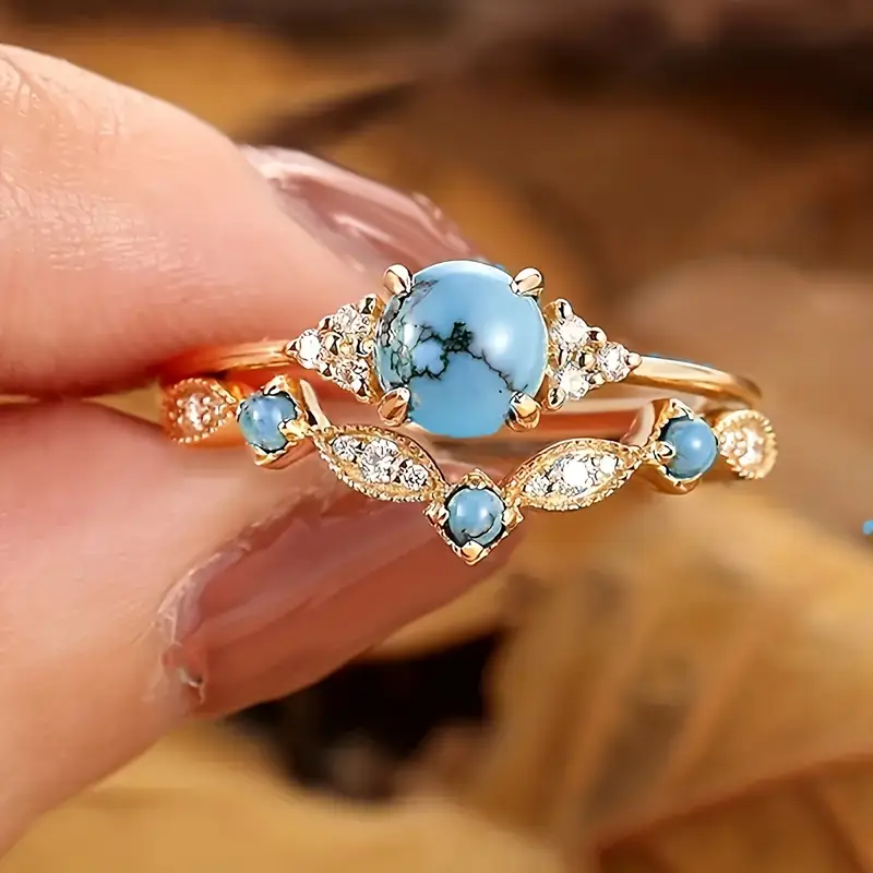 Blue Opal Gold Zirconia Ring - Timeless Elegance 0