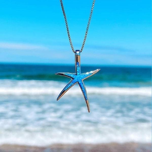 Blue Opal and Silver Starfish Necklace - Handmade Jewelry for Everyday Wear 0