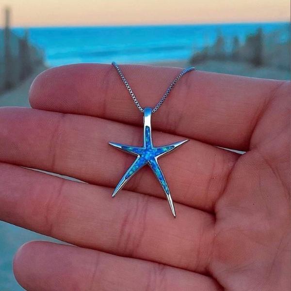 Blue Opal and Silver Starfish Necklace - Handmade Jewelry for Everyday Wear 1