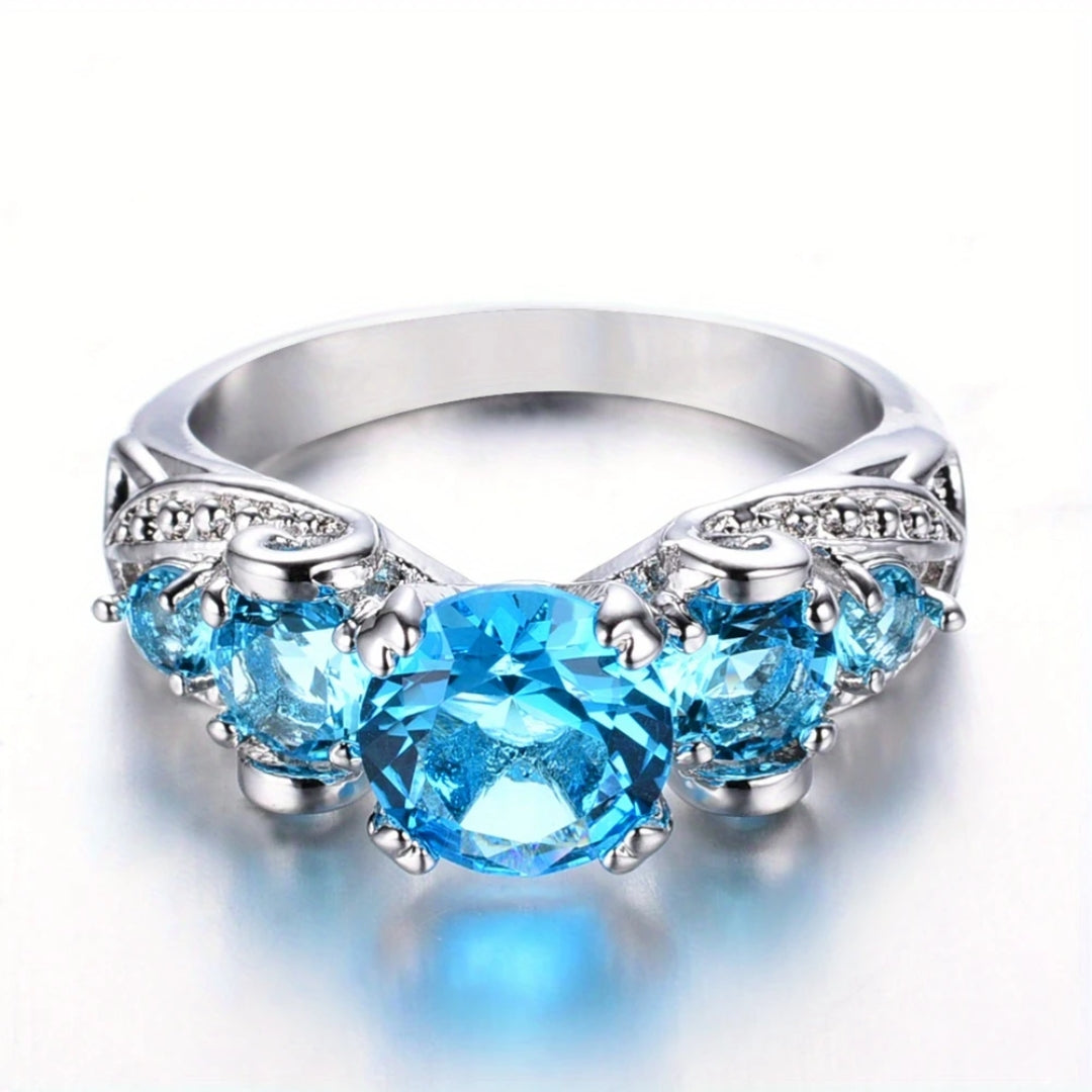 Blue Oval Crystal Silver Ring 0