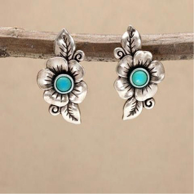 Boho Sterling Silver Earrings with Blue Opal Flower 0