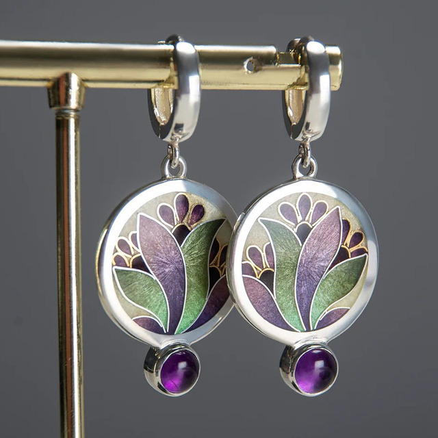 Boho Sterling Silver Earrings with Purple Crystals 0
