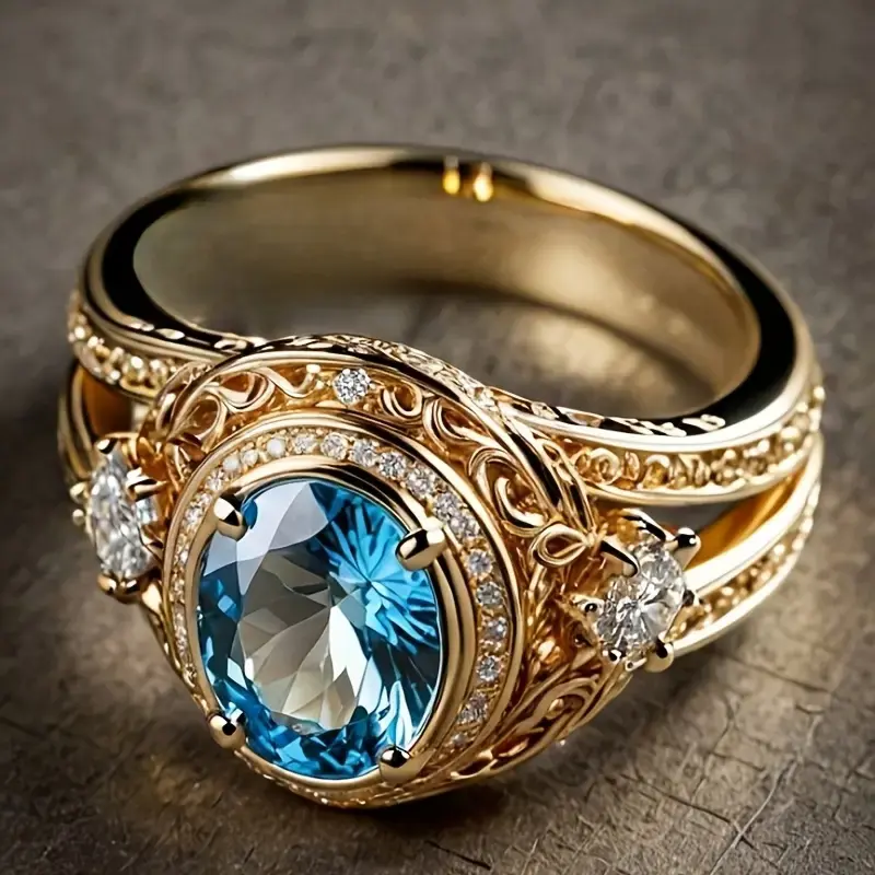 Bright Light Blue Crystal Gold Ring 0