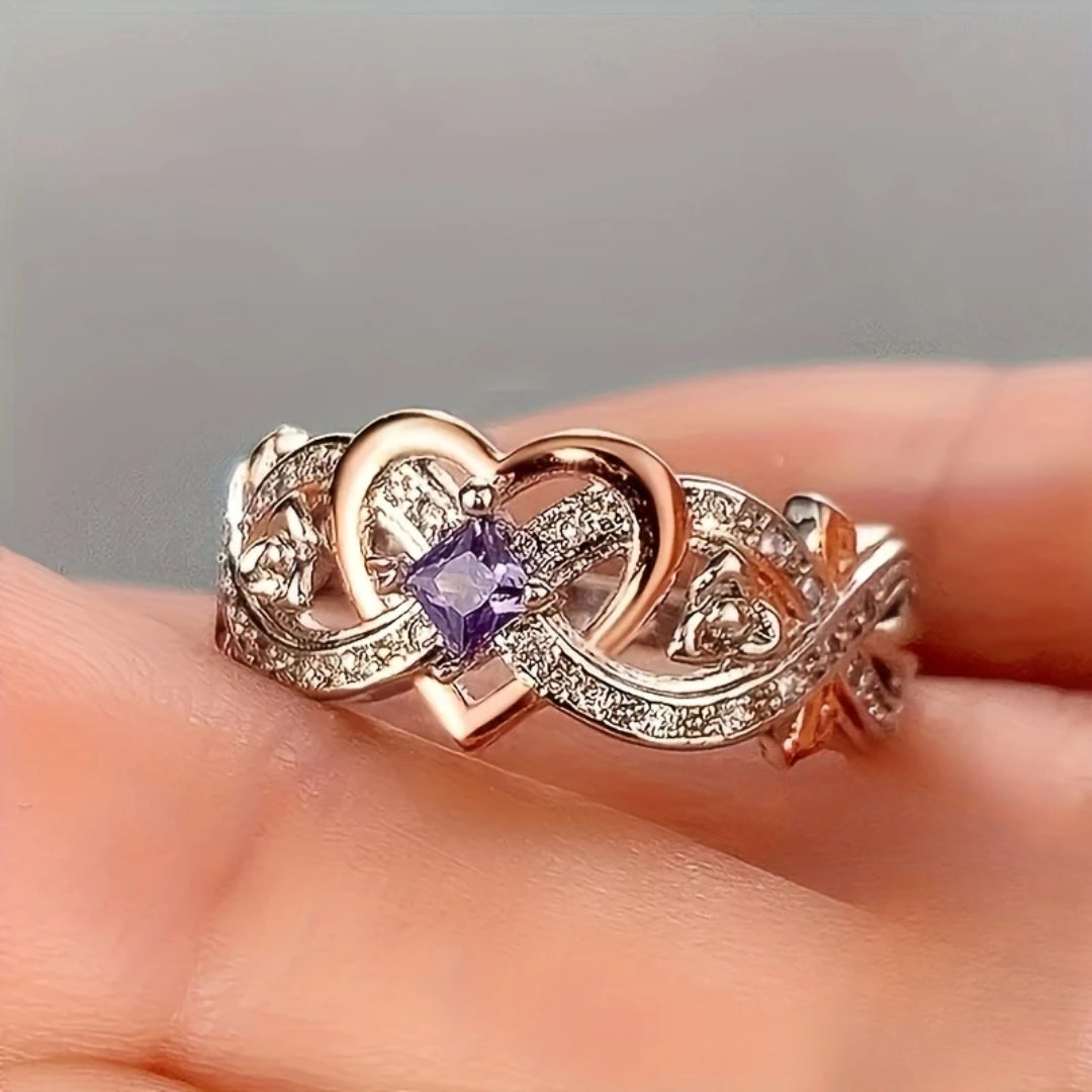 Bright Violet Gold & Silver Heart Ring - Handmade Unique Design 0
