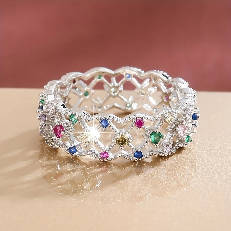 Colorful Hollow Bright Silver Ring 0