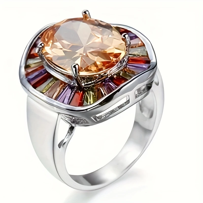 Colorful Inlaid Crystals Rounded Silver Ring 0