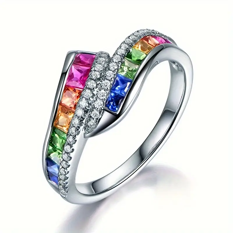 Colorful Inlaid Crystals Silver Ring 0