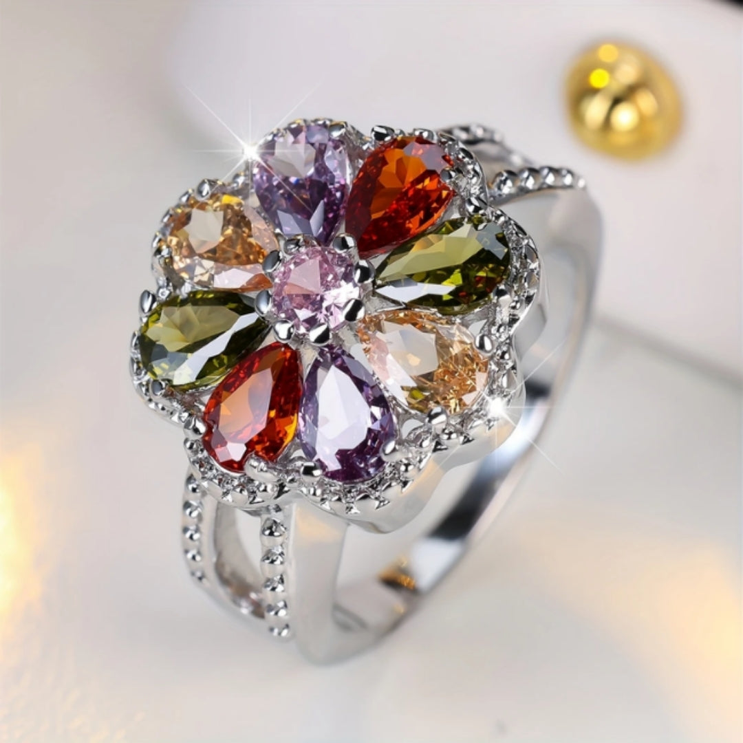 Colorful Sparkling Daisy Silver Ring 0