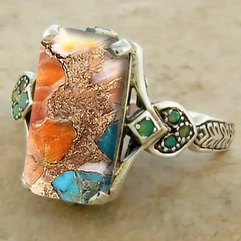 Colorful Stone Rectangular Sterling Silver Ring for Women 0