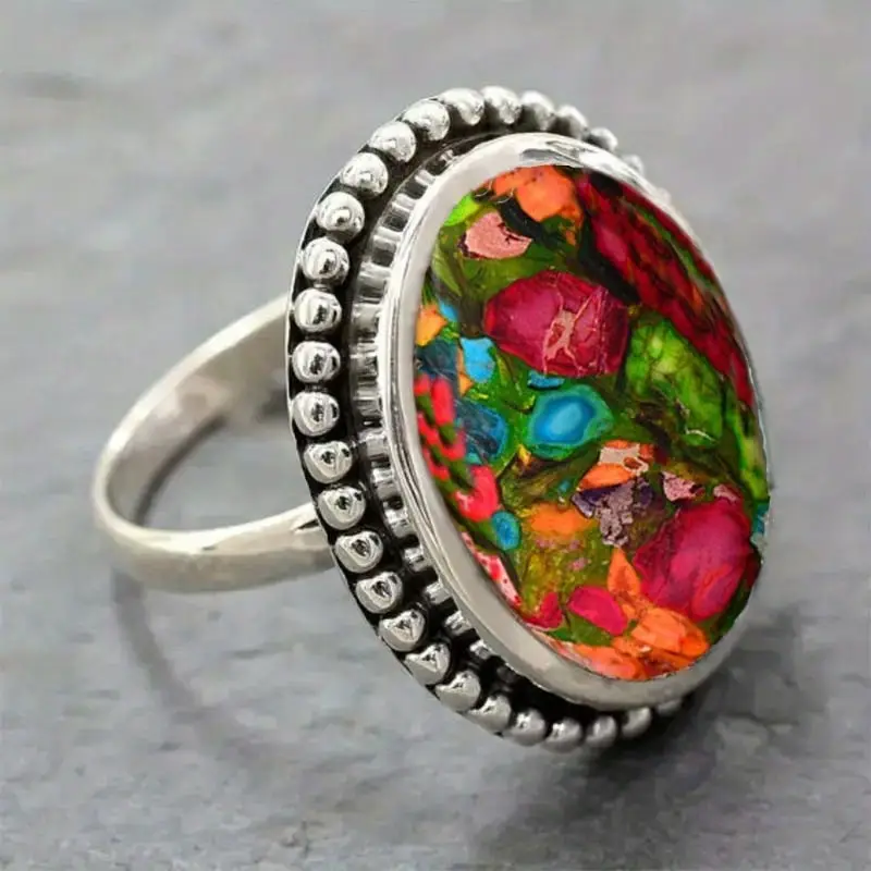 Colorful Stone Silvered Ring 0