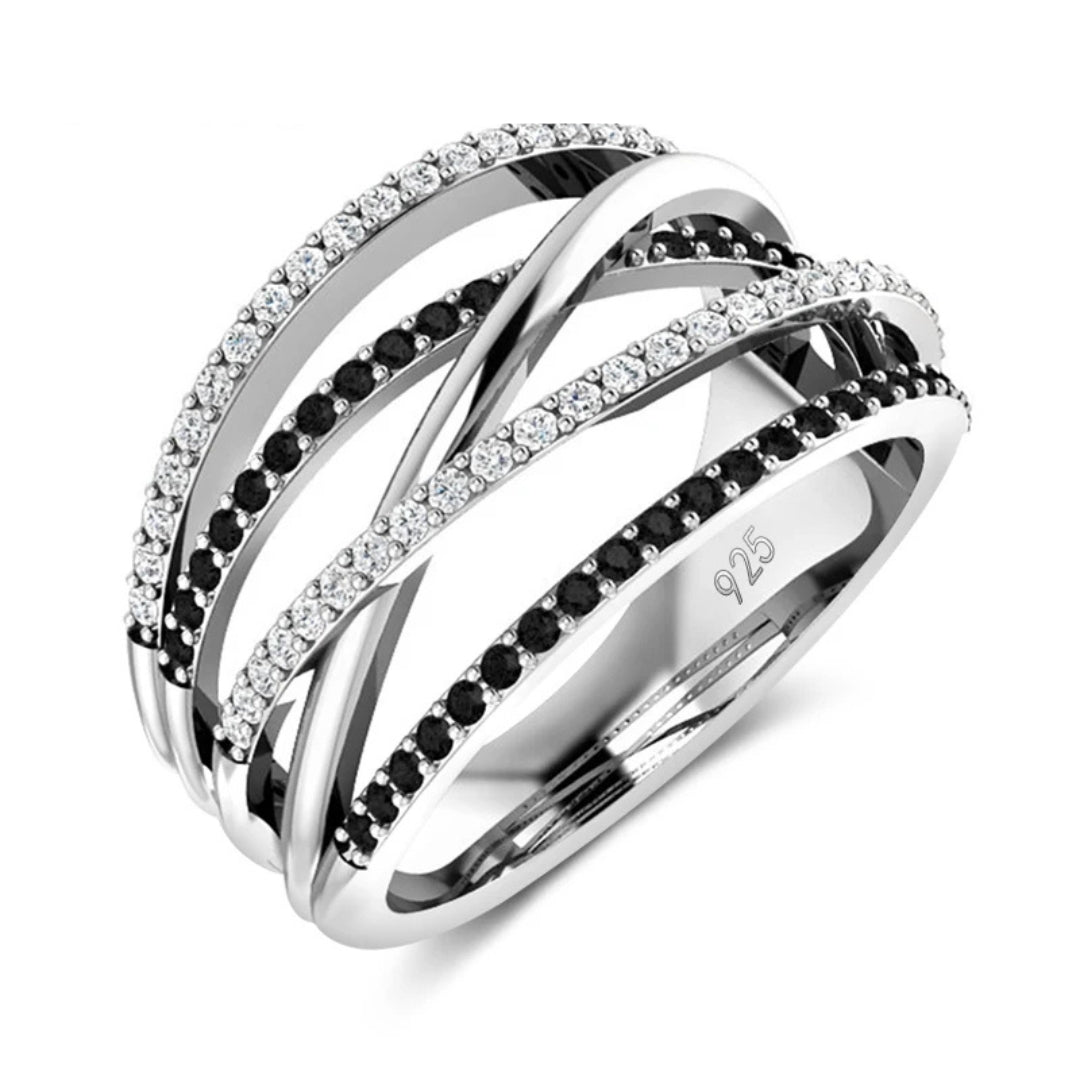 Elegant Black Crystal Layered Silver Ring 0