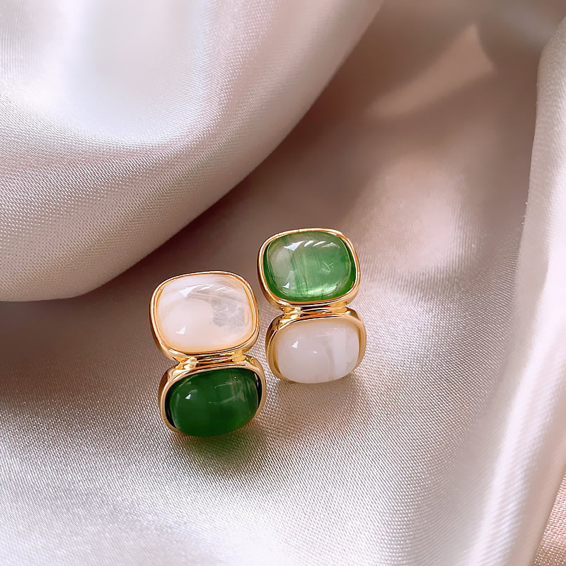 Elegant Gold Earrings for Women with White and Green Stones 0