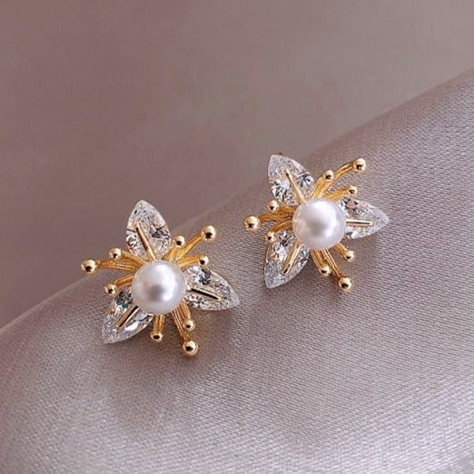 Elegant Pearl and Crystal Floral Earrings for Women 0