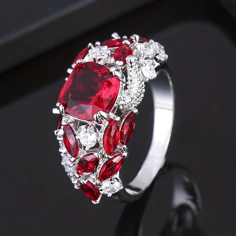 Elegant Red Inlaid Glass Silver Ring 0