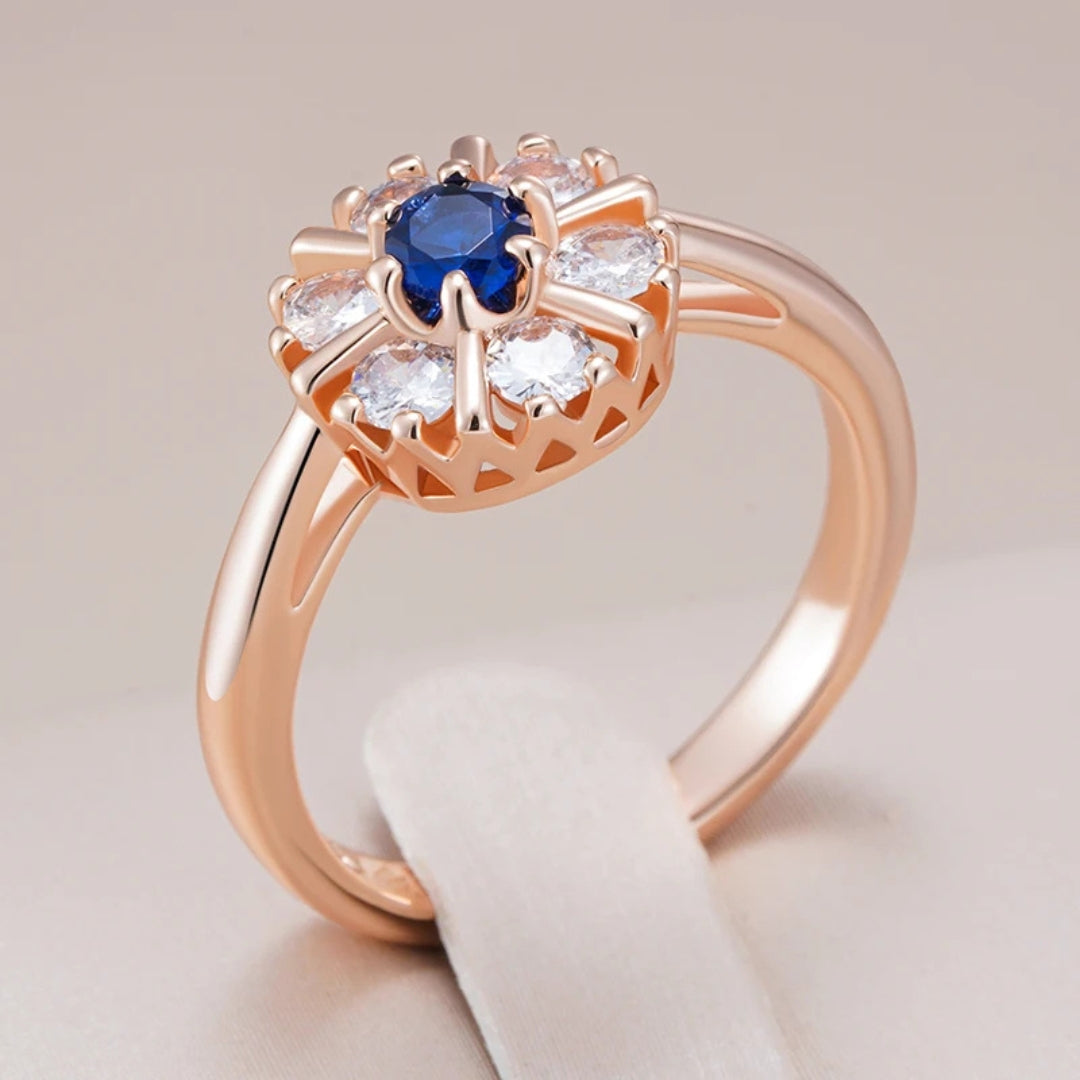 Elegant Rounded Blue Crystal Gold Ring 0