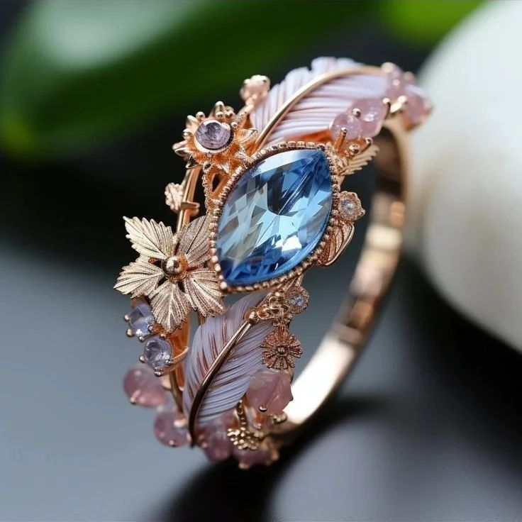 Exotic Feather Blue Crystal Ring 0