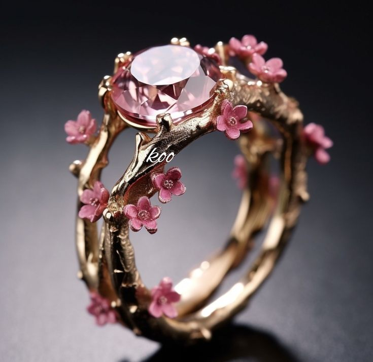 Exotic Golden Crystal Pink Flower Ring 0