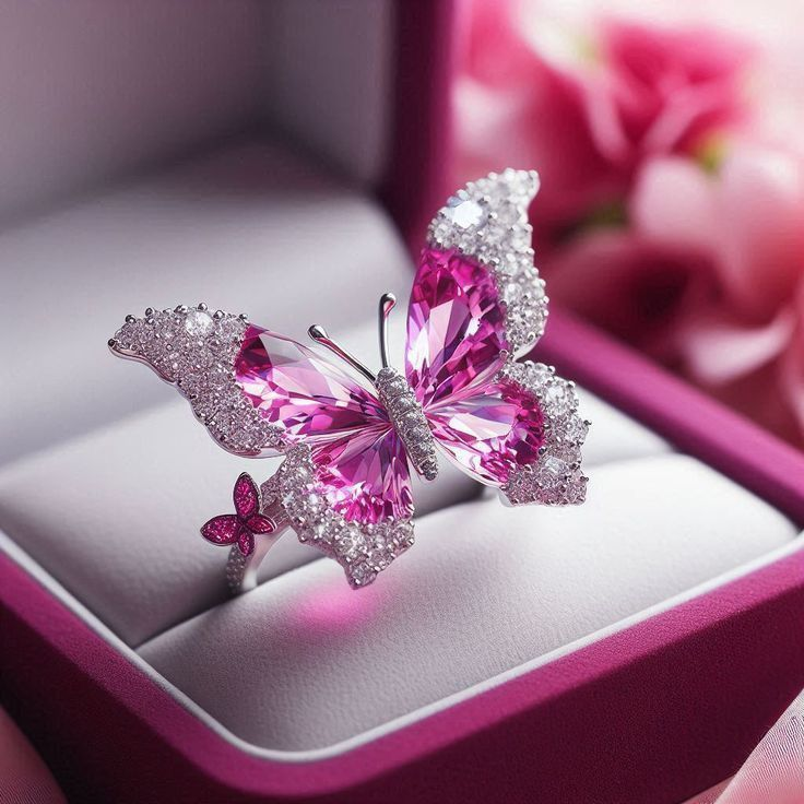 Exotic Pink Crystal Butterfly Silver Ring 0
