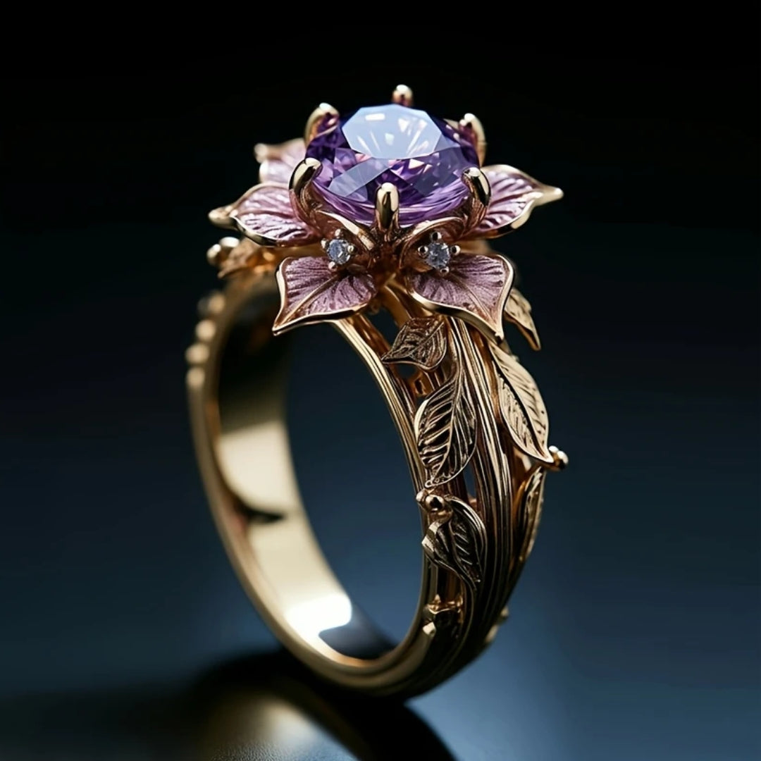 Exotic Purple Flower Crystal Ring - Handmade Elegant Jewelry 0
