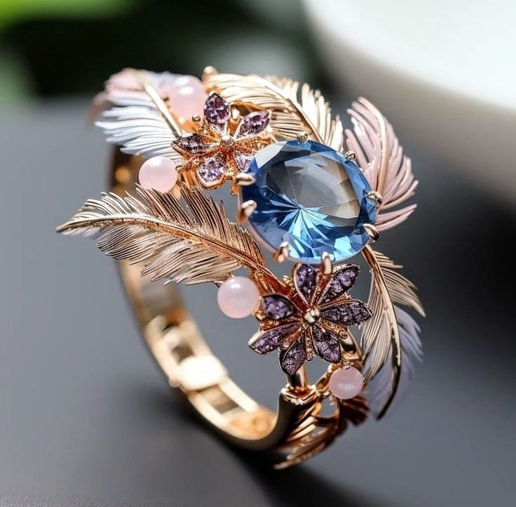 Exotic Rose Feather Blue Crystal Ring 0