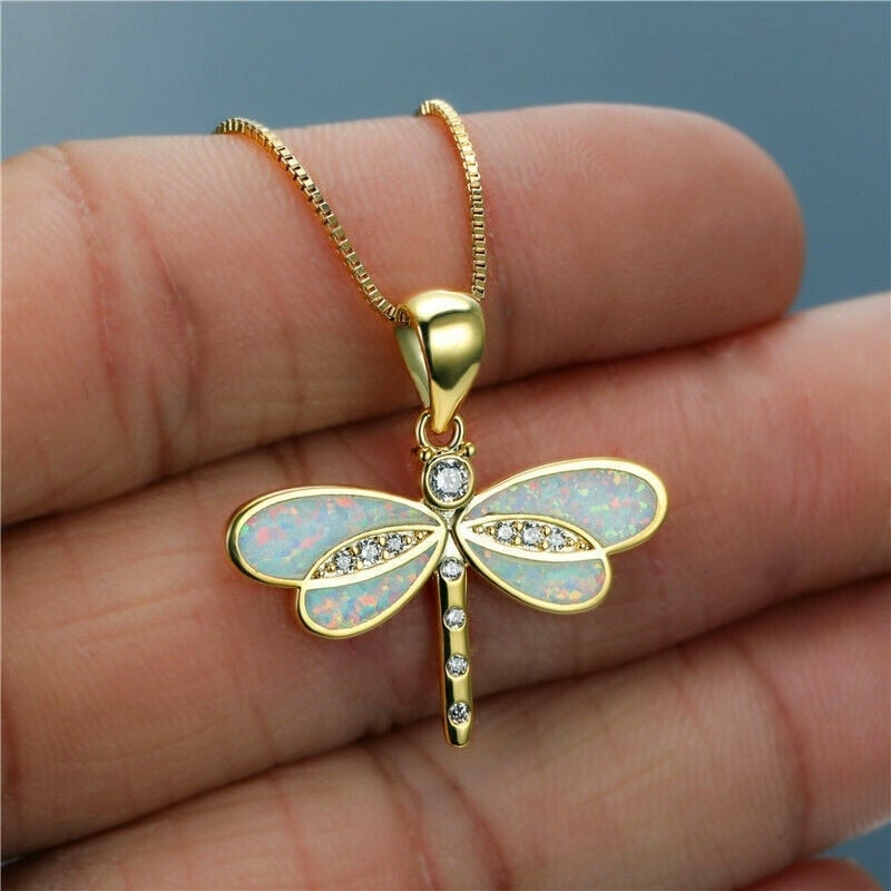 Gold Dragonfly Necklace with Opal Accent - Handmade Symbol of Transformation 0