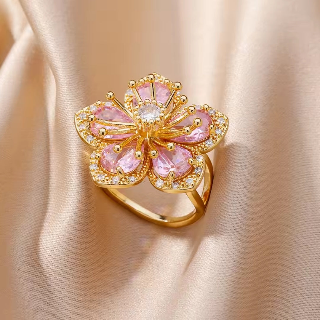 Gold Pink Crystal Flower Ring 0