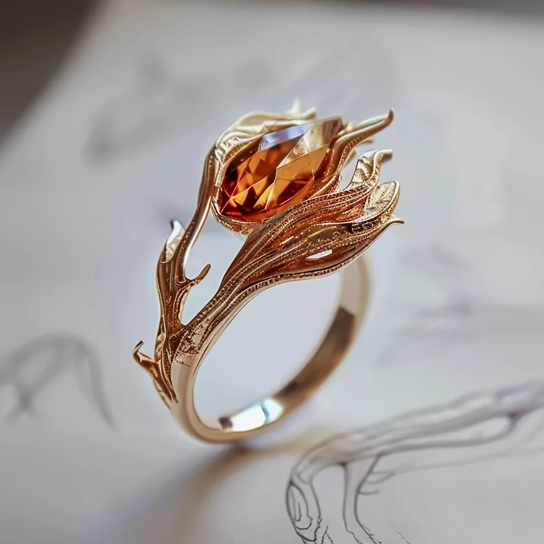 Golden Exotic Orange Crystal Ring 0