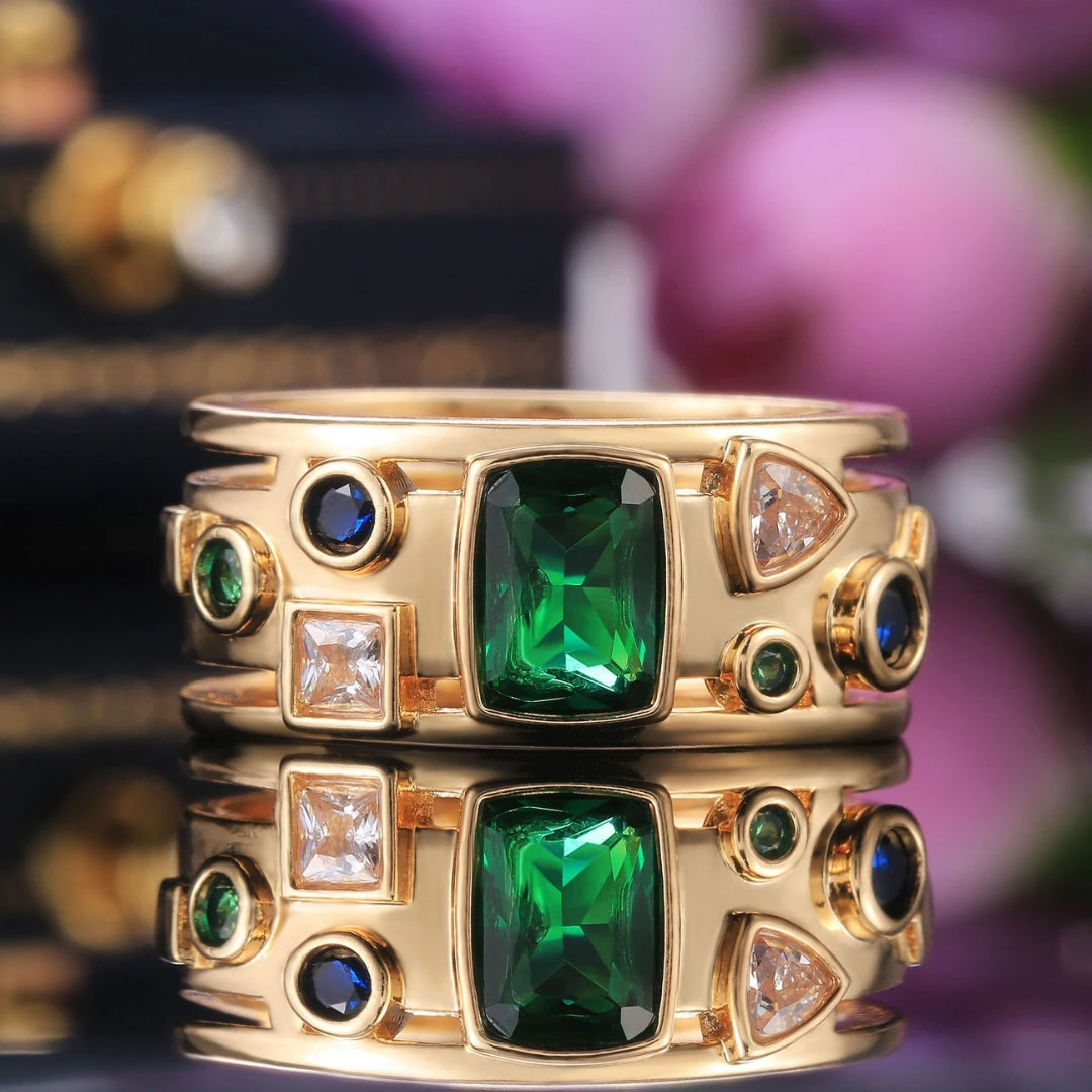 Golden Inlaid Colorful Crystals Ring 0