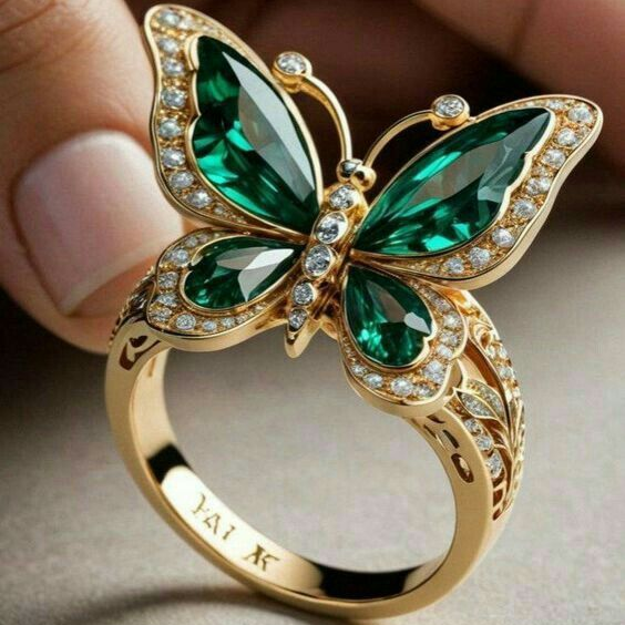 Green Crystalline Butterfly Gold Ring 0